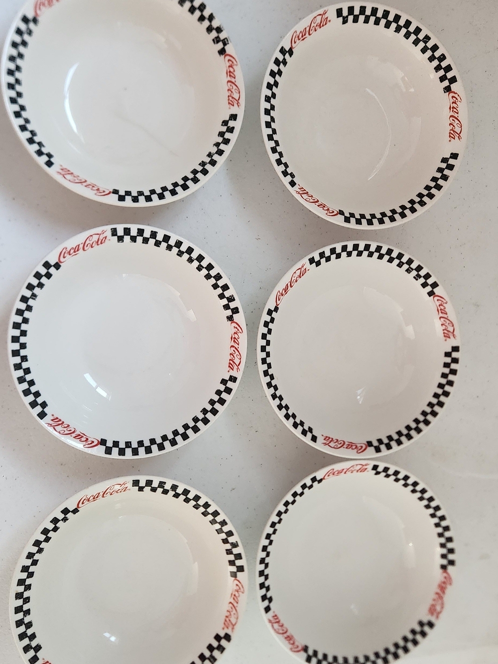 Coca Cola White Bowls with Black Checker Rim and Red Logo - Set of 6